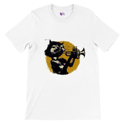 White t-shirt with a cat playing the trumpet print