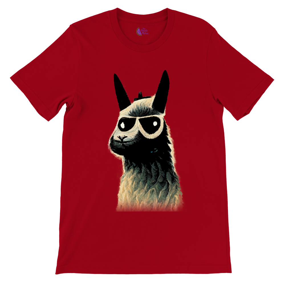 Red t-shirt with a llama wearing sunglasses print