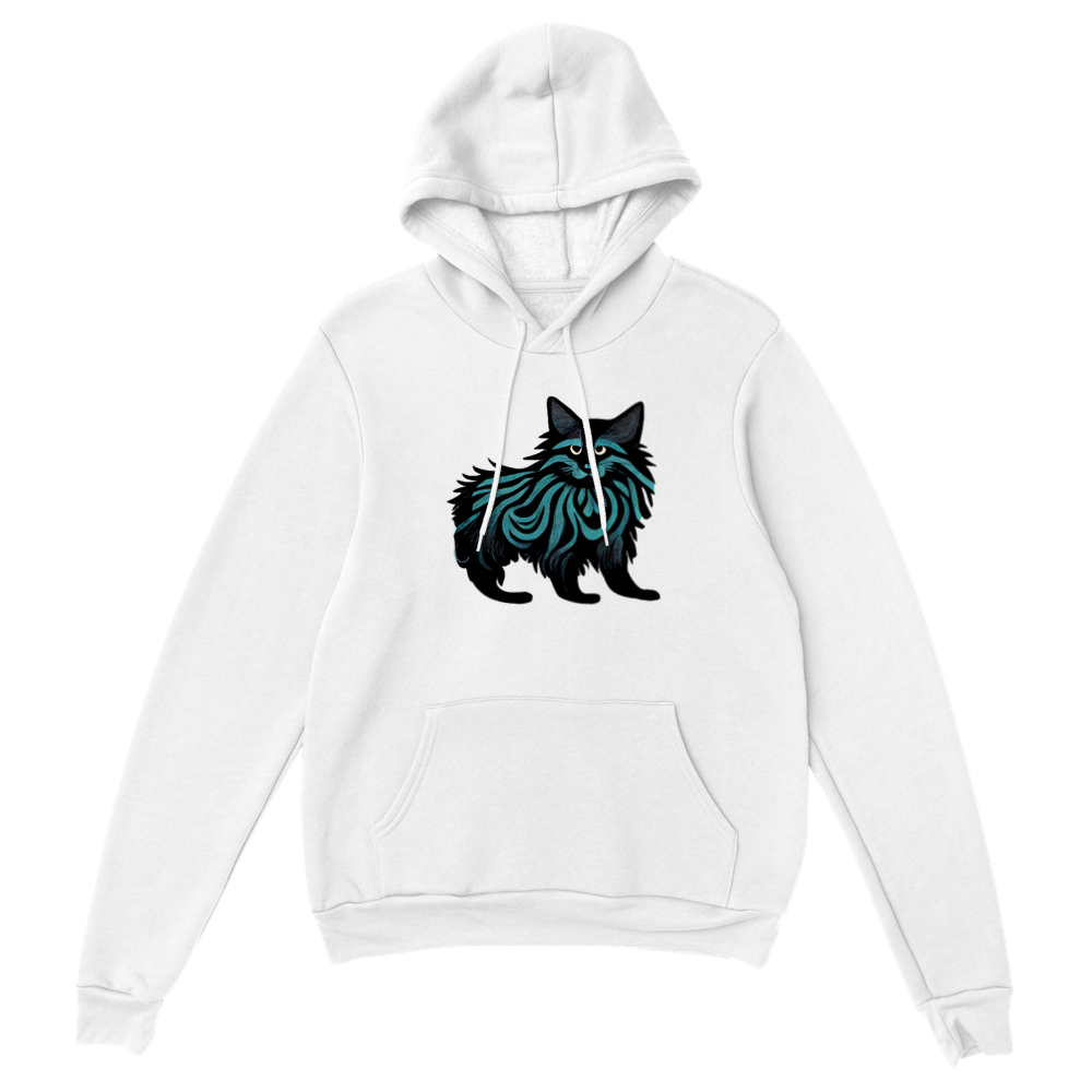 White pullover hoodie with maine coon cat print