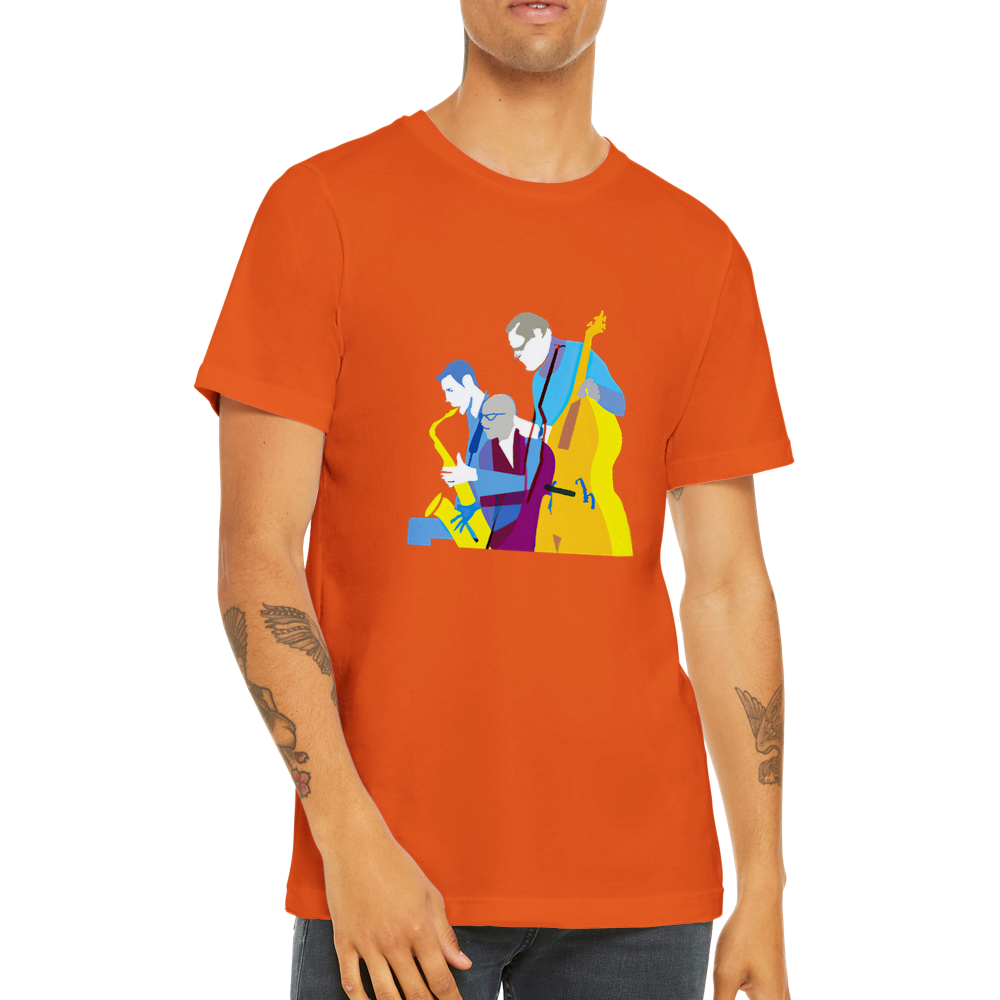 a guy wearing a orange t-shirt with a jazz trio print