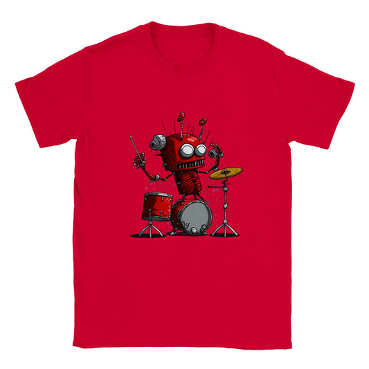 Kids red t-shirt with crazy robot playing the drums