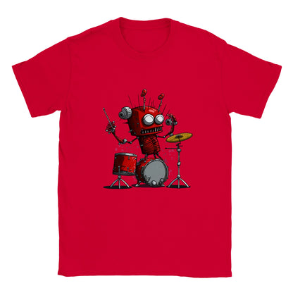Kids red t-shirt with crazy robot playing the drums
