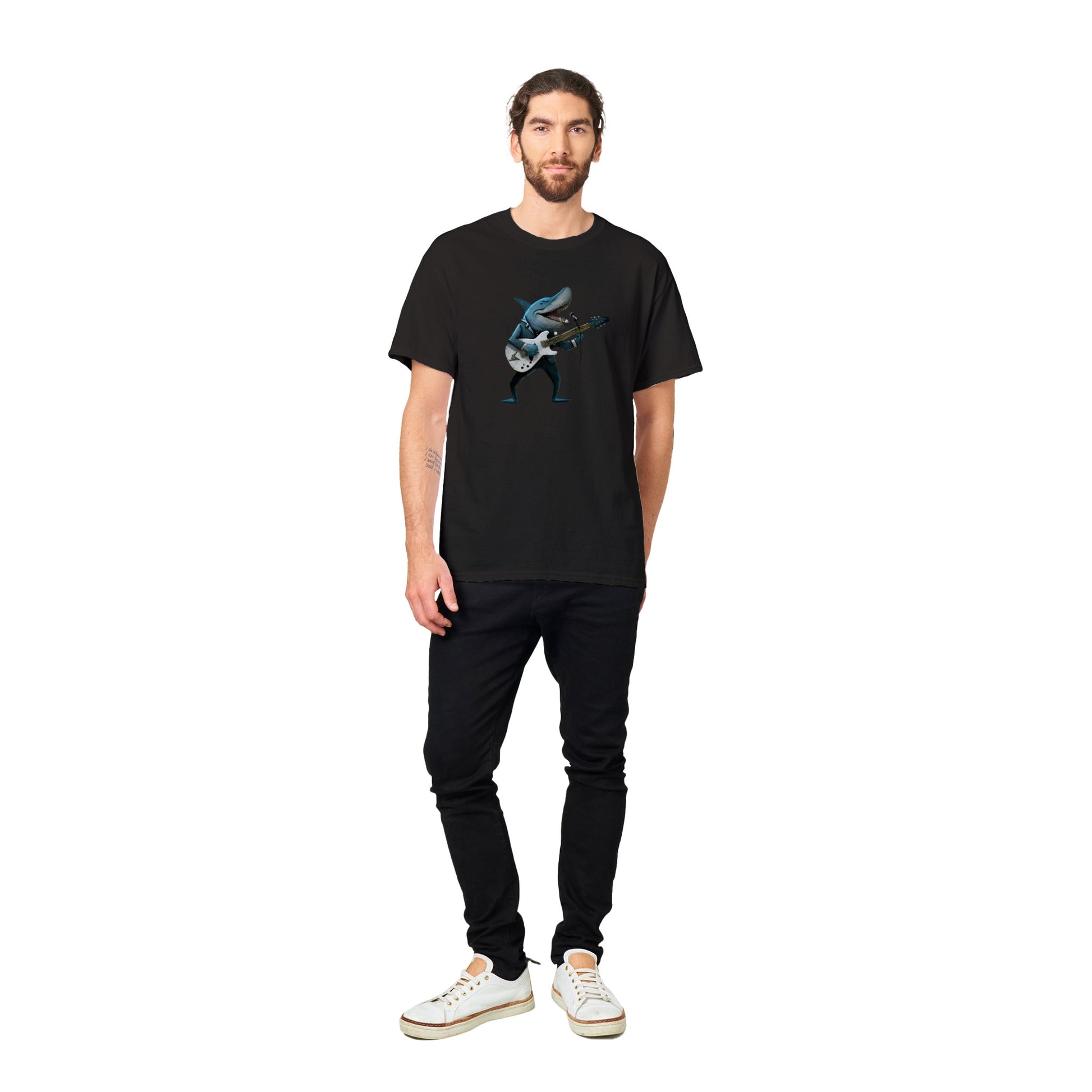 Guy wearing a black t-shirt with a shark playing guitar print