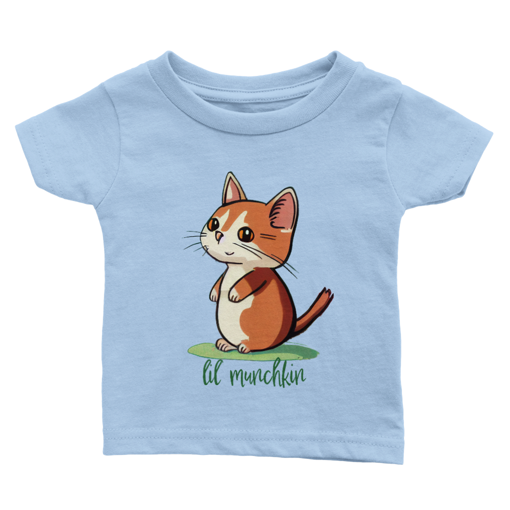 a baby blue babies t-shirt with a lil munchkin kitten print