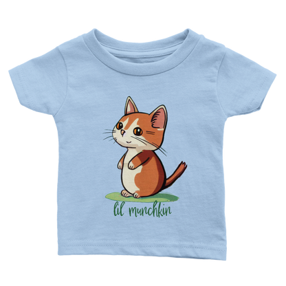 a baby blue babies t-shirt with a lil munchkin kitten print