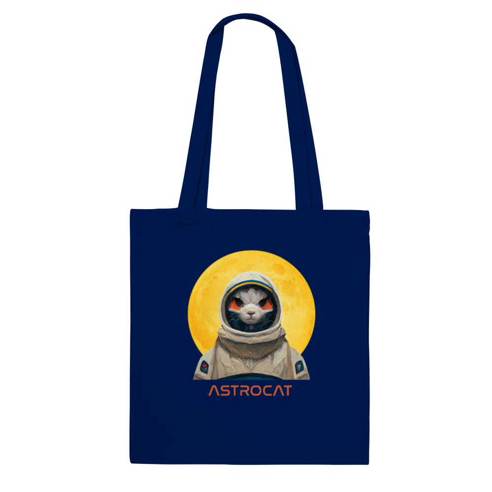 Navy tote bag with an Astrocat cat in a spacesuit in front of the moon print