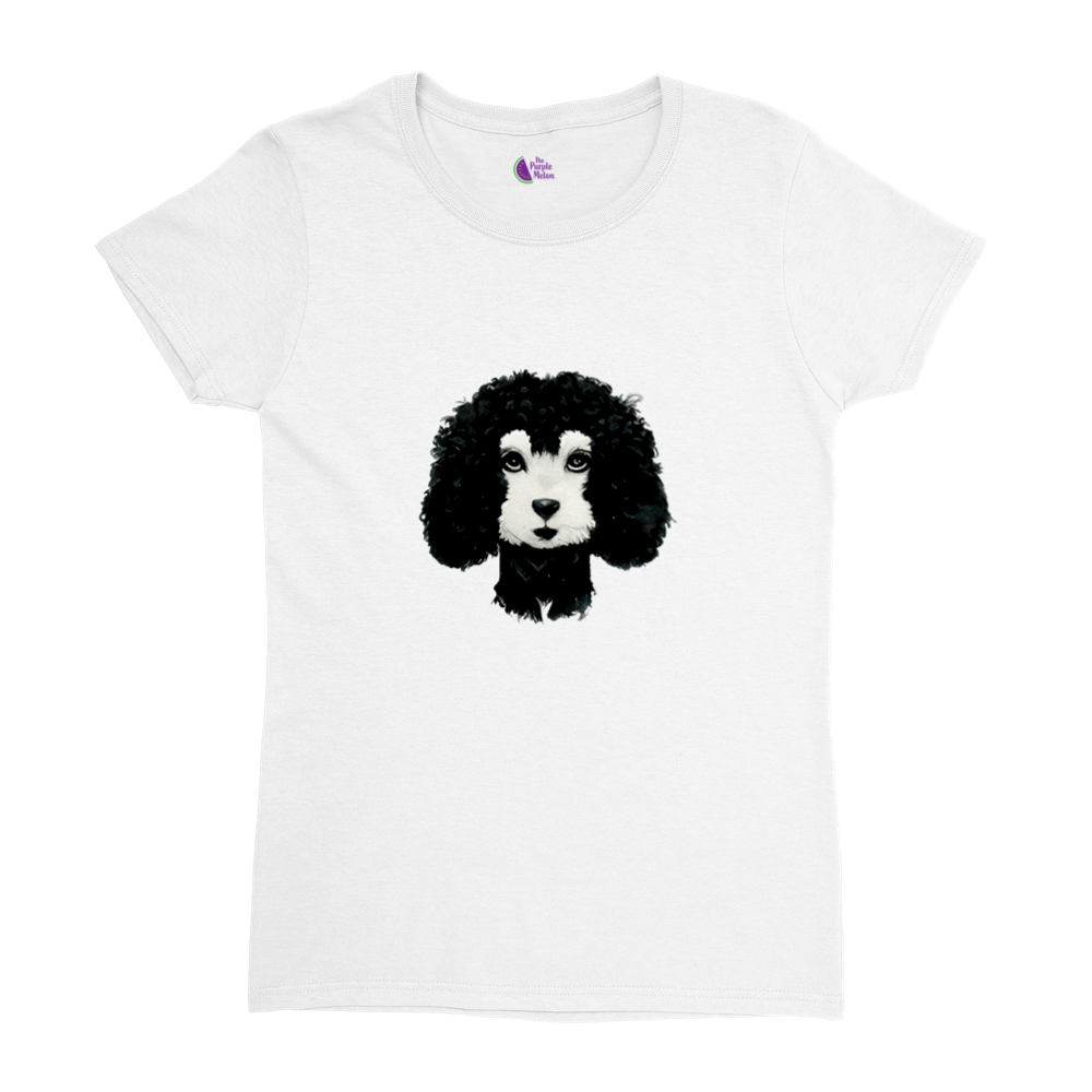 White t-shirt with a black & white poodle print