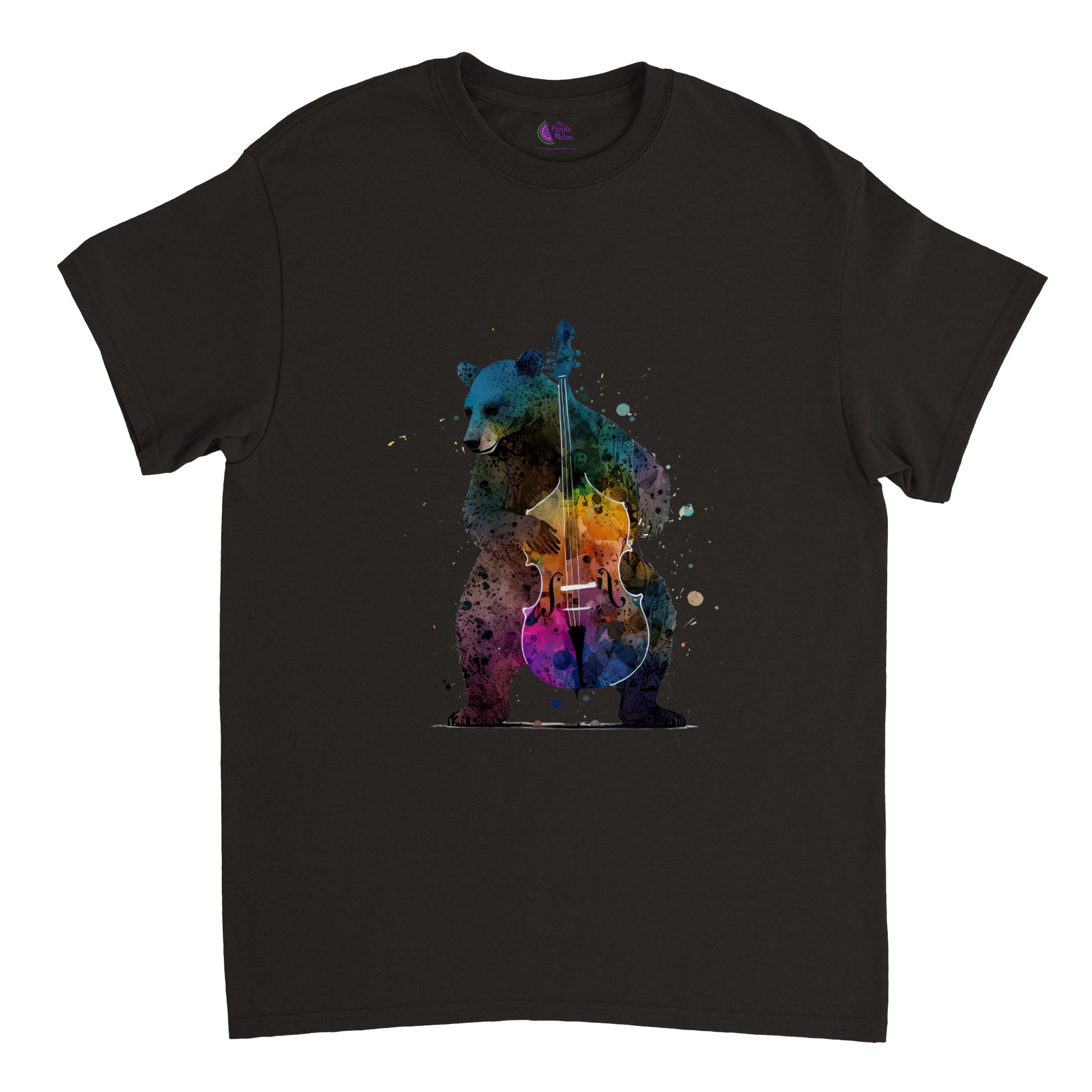 black t-shirt with a bear playing a colourful double bass