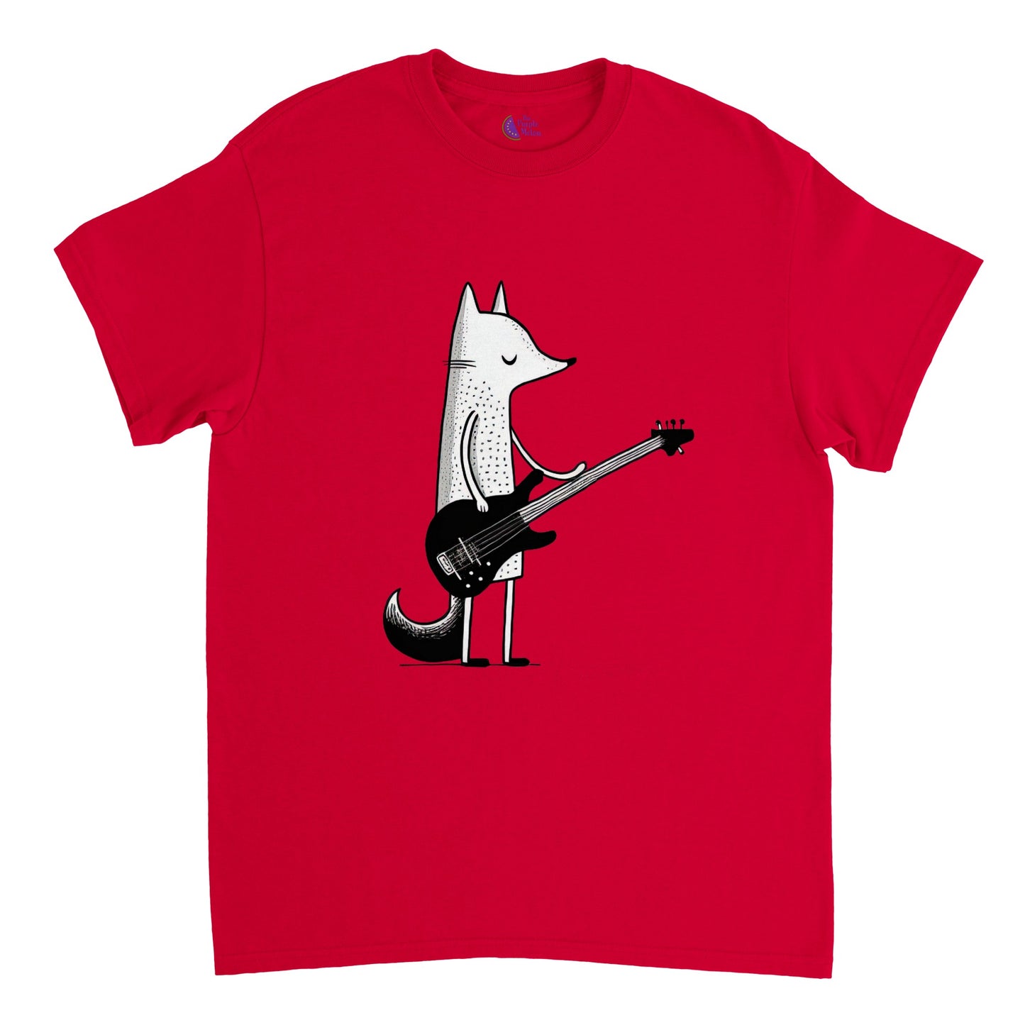 red t-shirt with a fox playing the bass guiutar print