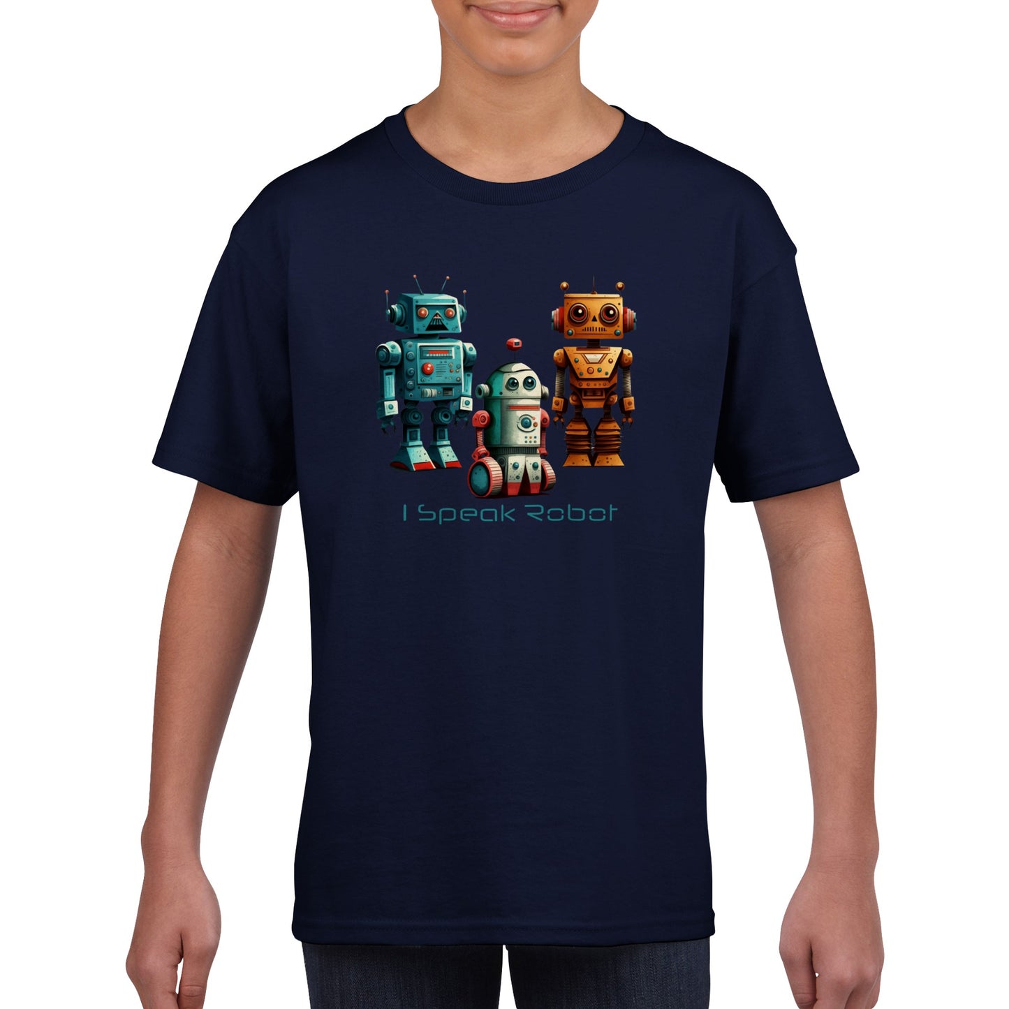 Boy wearing Navy Blue t-shirt with 3 robots and the caption I speak robot