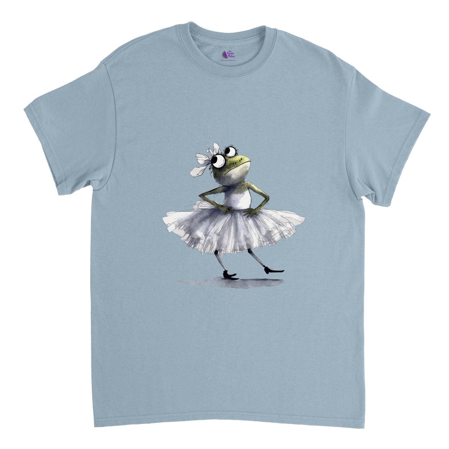 Light Blue t-shirt with a ballerina frog in a tutu print