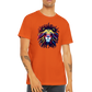A guy wearing a orange t-shirt with a colourful lion with dreadlocks print