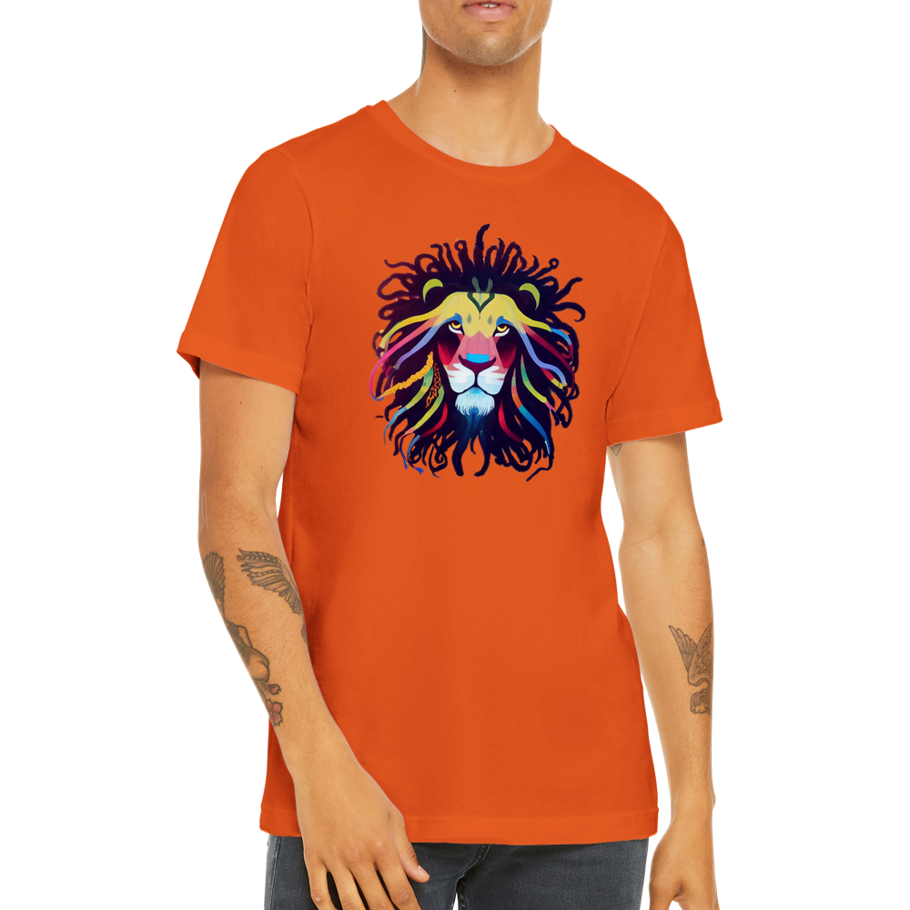 A guy wearing a orange t-shirt with a colourful lion with dreadlocks print