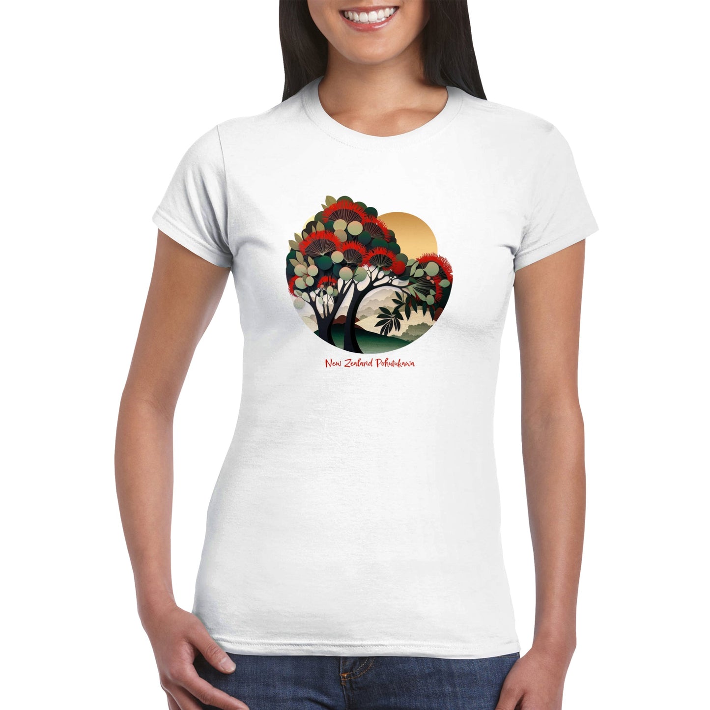 woman wearing a white t-shirt with a new zealand pohutukawa tree print