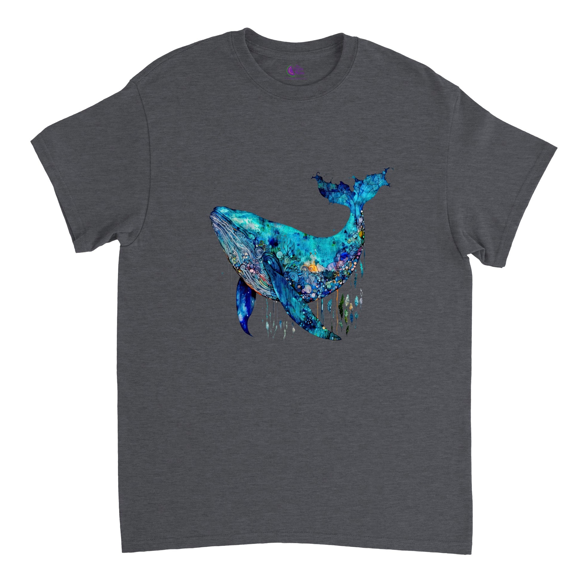 Grey t-shirt with a blue whale print