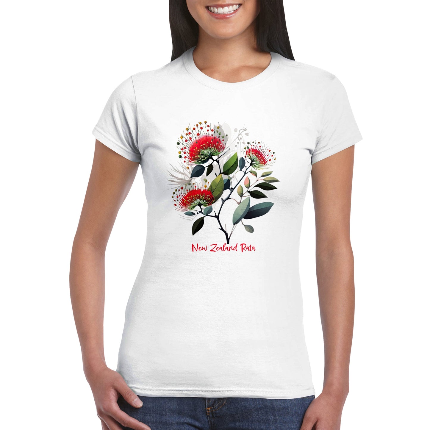 Woman wearing a white t-shirt with a new zealand rata flower print
