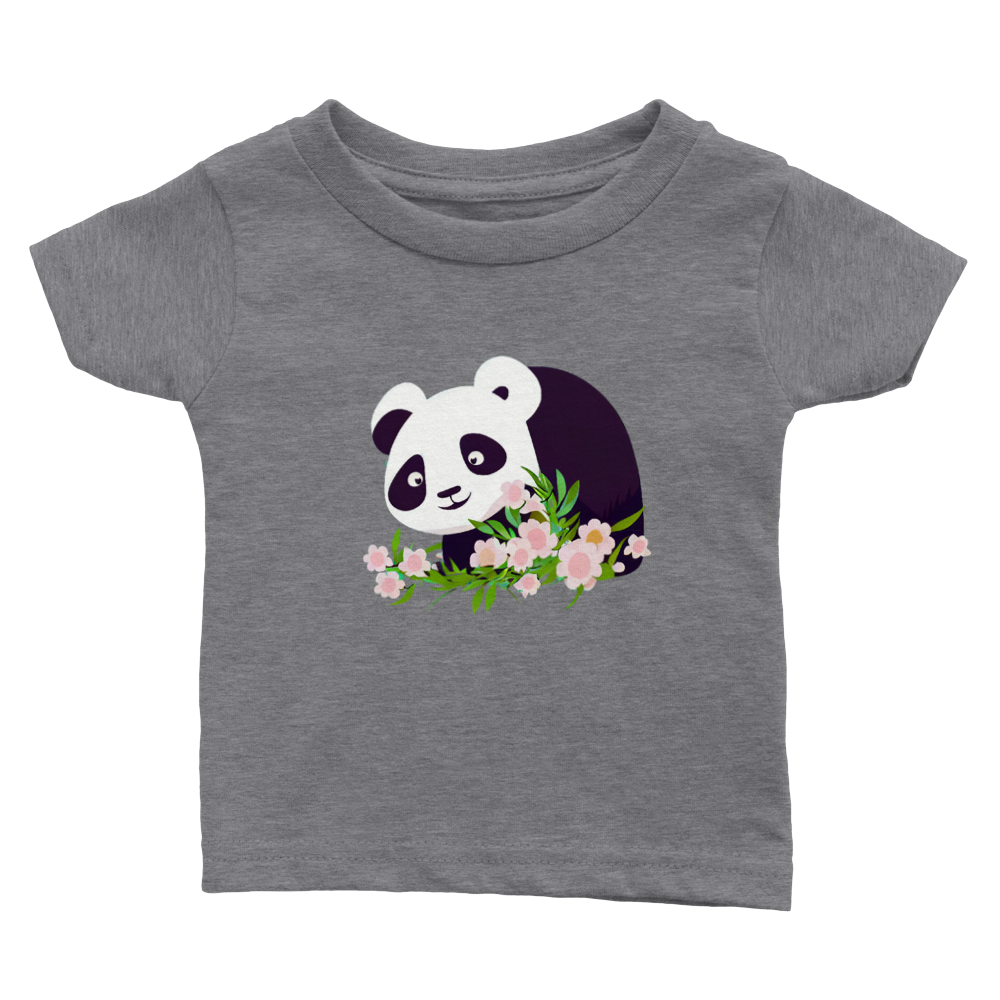 Grey baby t-shirt with a cute panda and pink flowers print