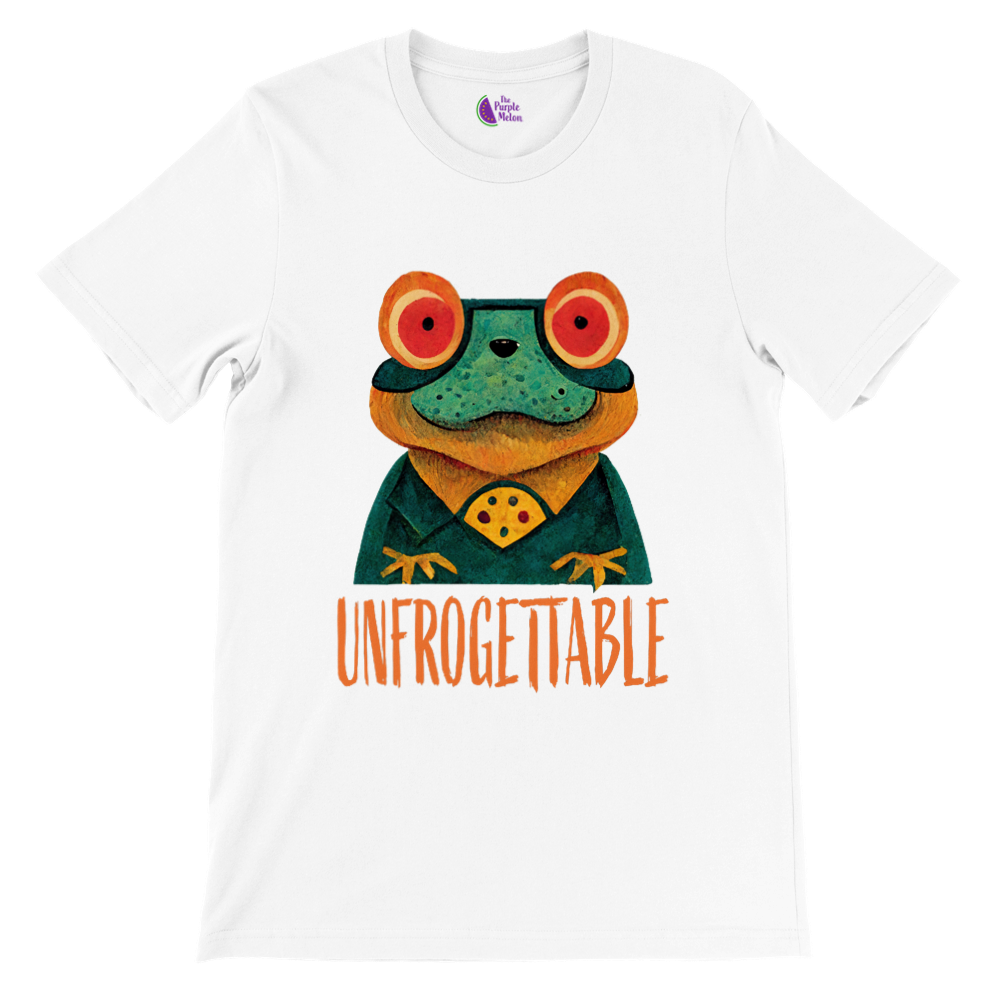 white t-shirt with a cute frog print with the caption Unfrogettable