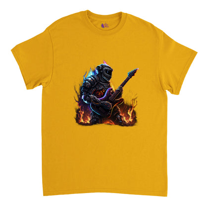Gold t-shirt with Space Robot on fire playing the guitar