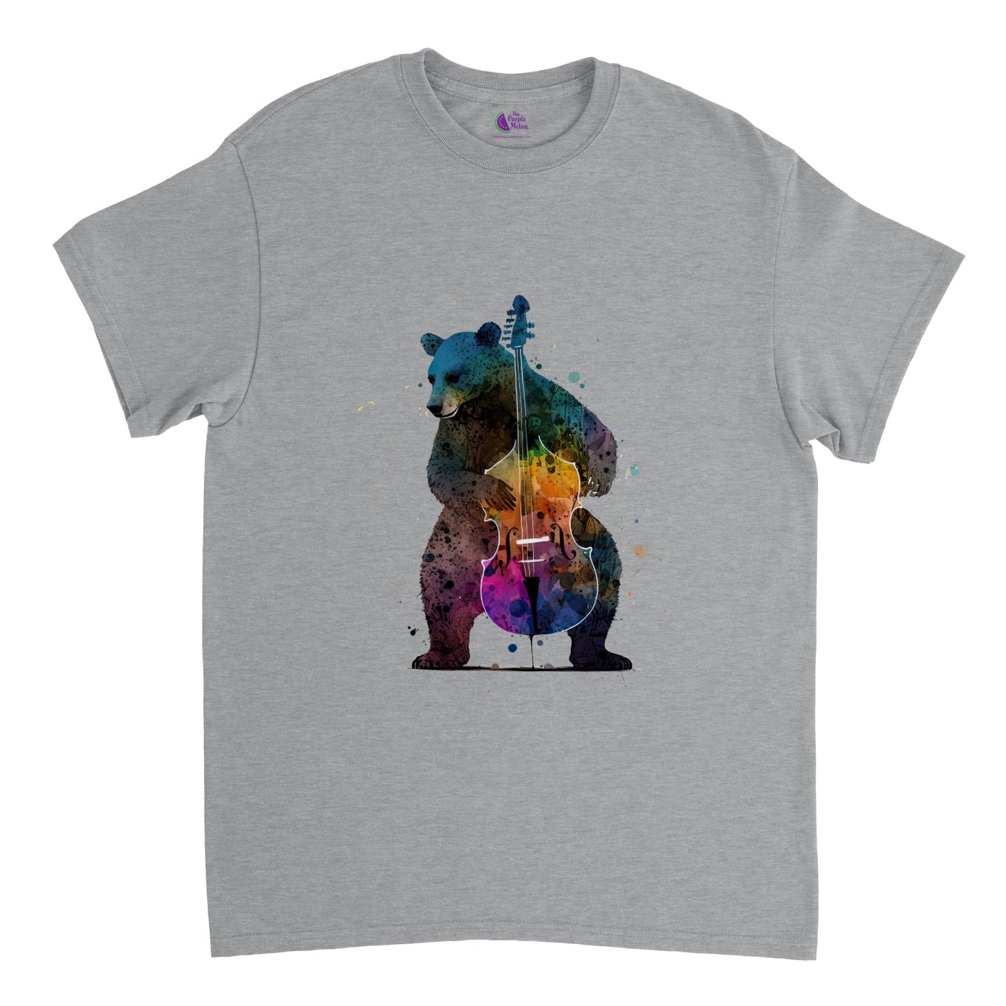 grey t-shirt with a bear playing a colourful double bass
