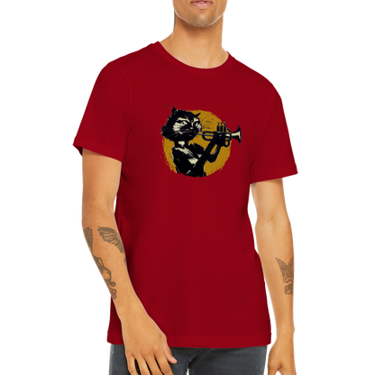 A guy wearing a red t-shirt with a cat playing the trumpet print