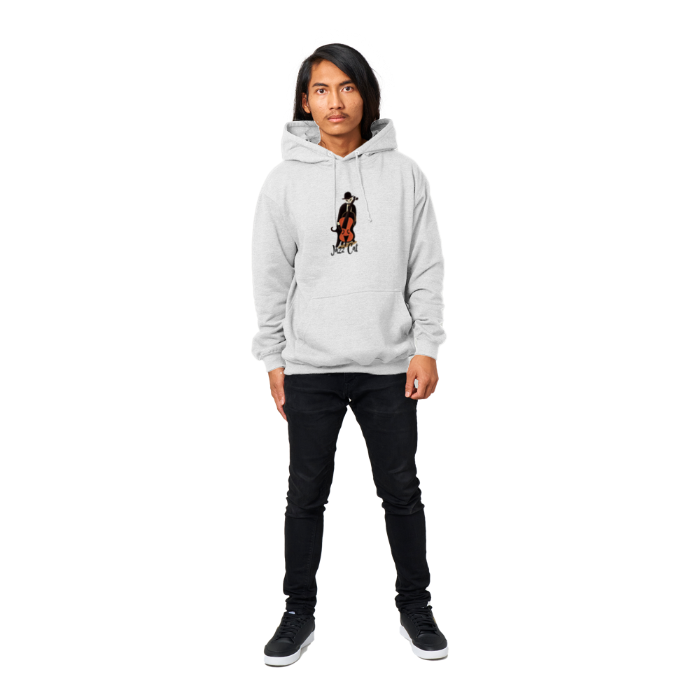Jazz Cat Playing Double Bass Premium Unisex Pullover Hoodie.