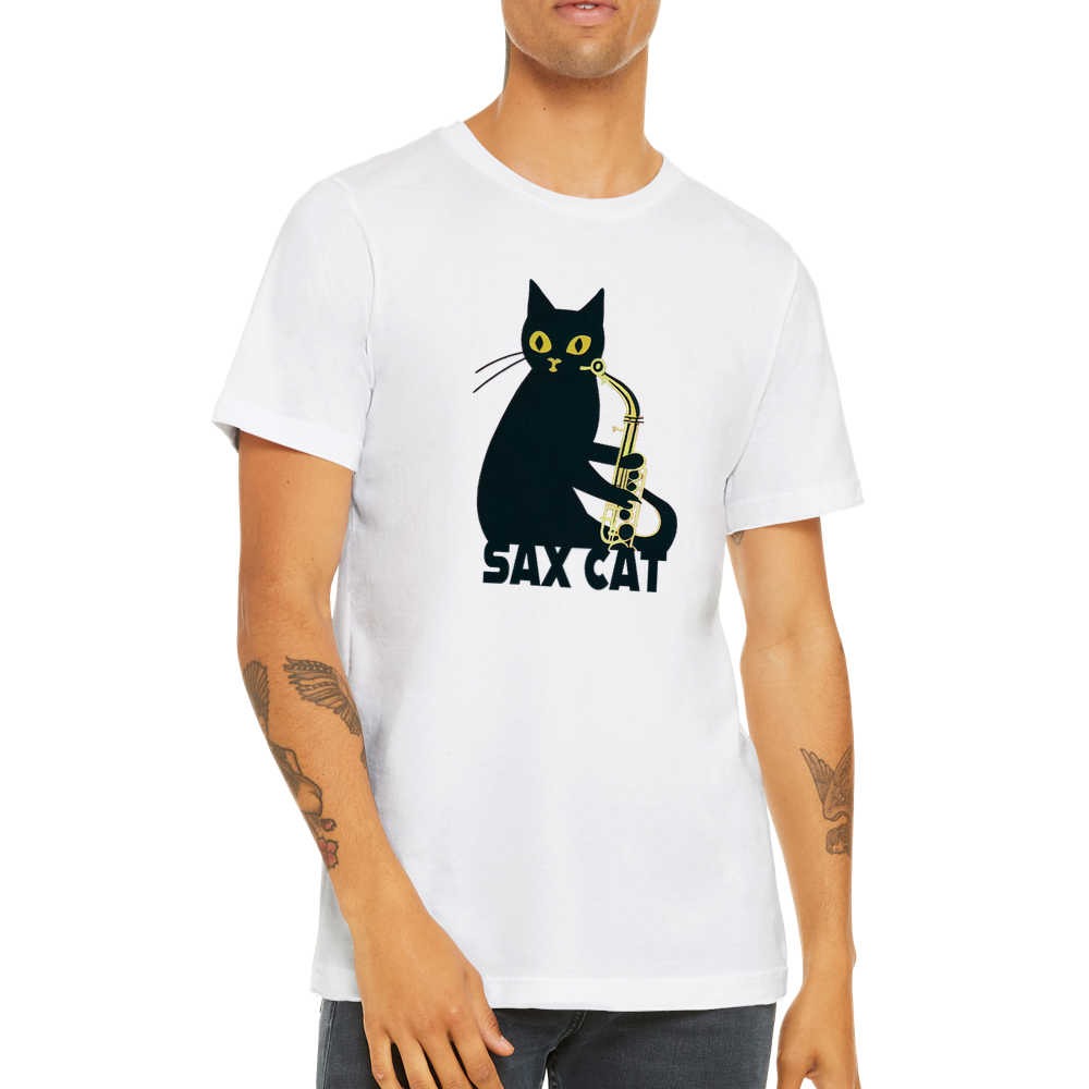 White t-shirt with a sax cat print