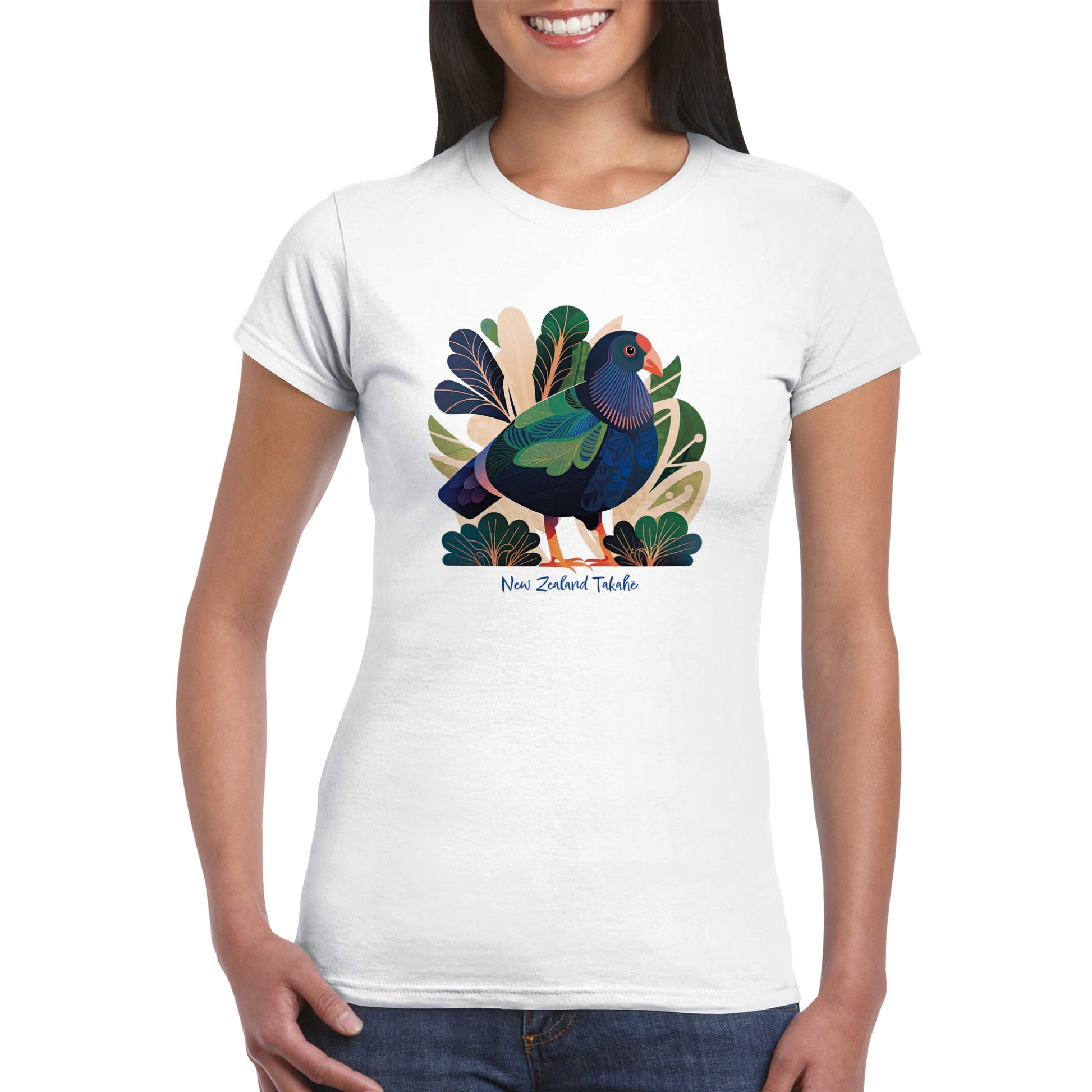 A woman wearing a white t-shirt with a new zealand takahe print