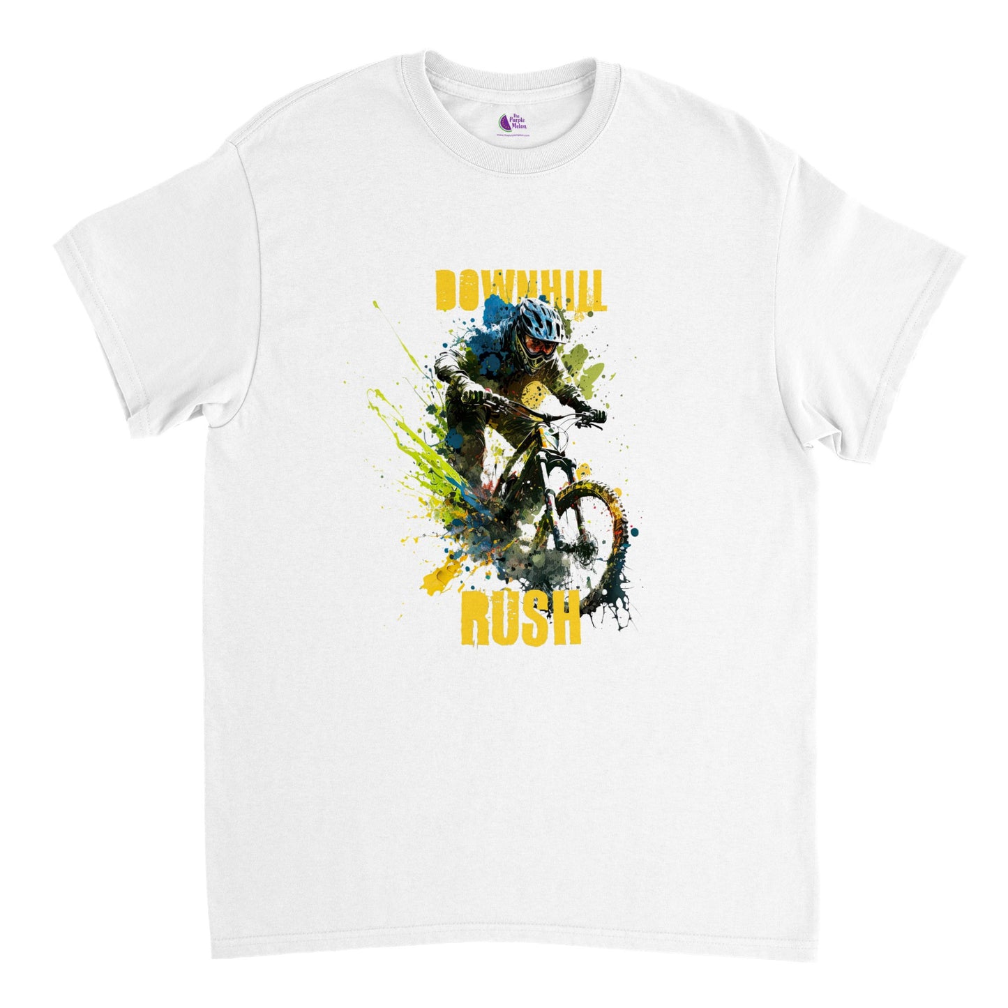 white t-shirt with a downhill mountain biker print and the caption Downhill Rush