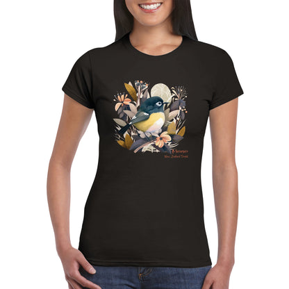woman wearing a black t-shirt with a New Zealand Miromiro tomtit bird print
