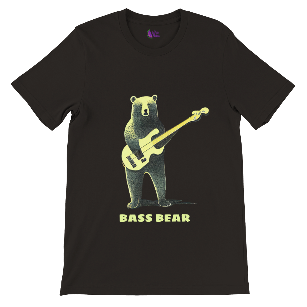 Black t-shirt with a bear playing the bass guitar print