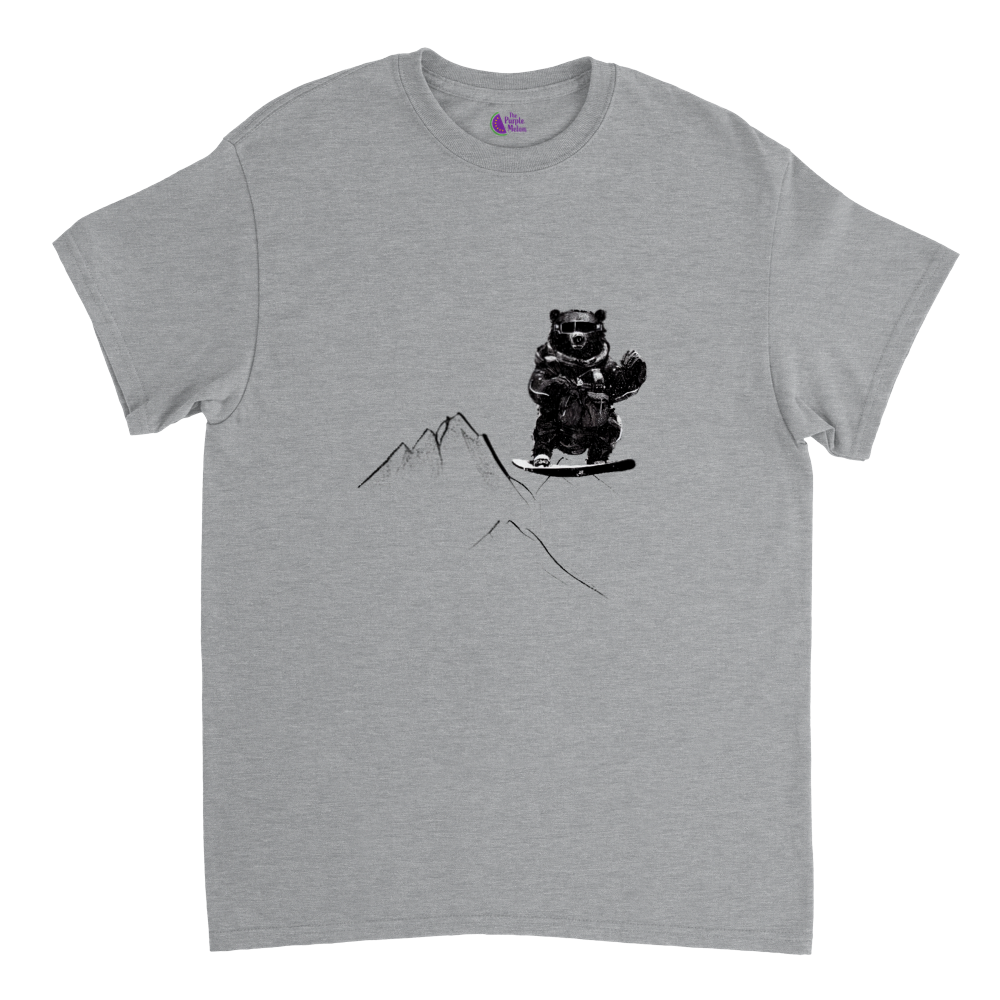 Light grey t-shirt with a snowboarding bear print