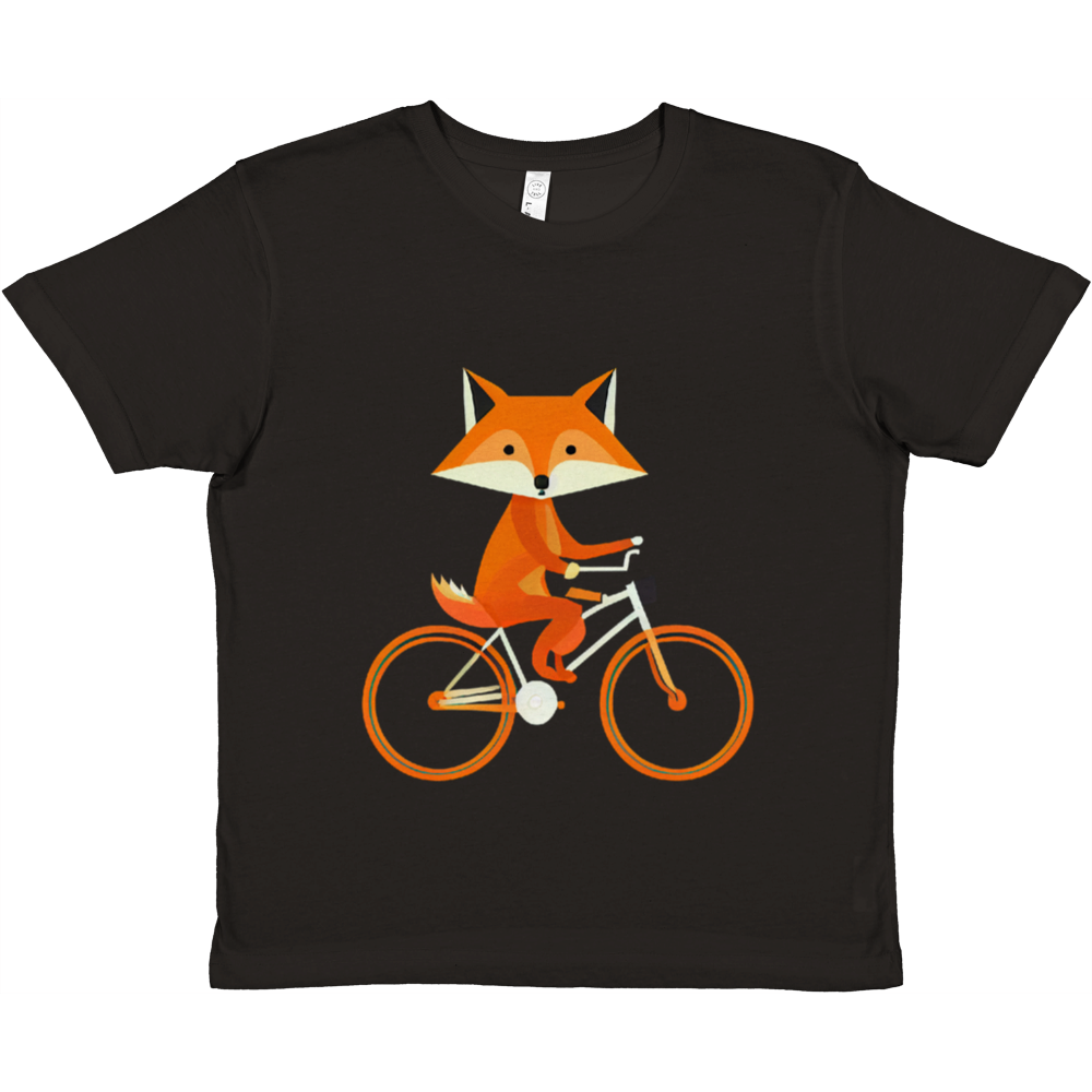 Black t-shirt with a cute fox riding a bike print