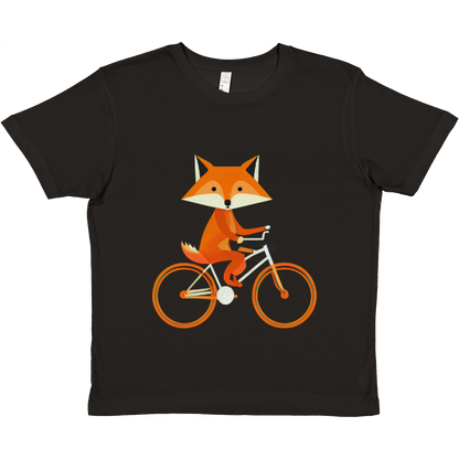 Black t-shirt with a cute fox riding a bike print