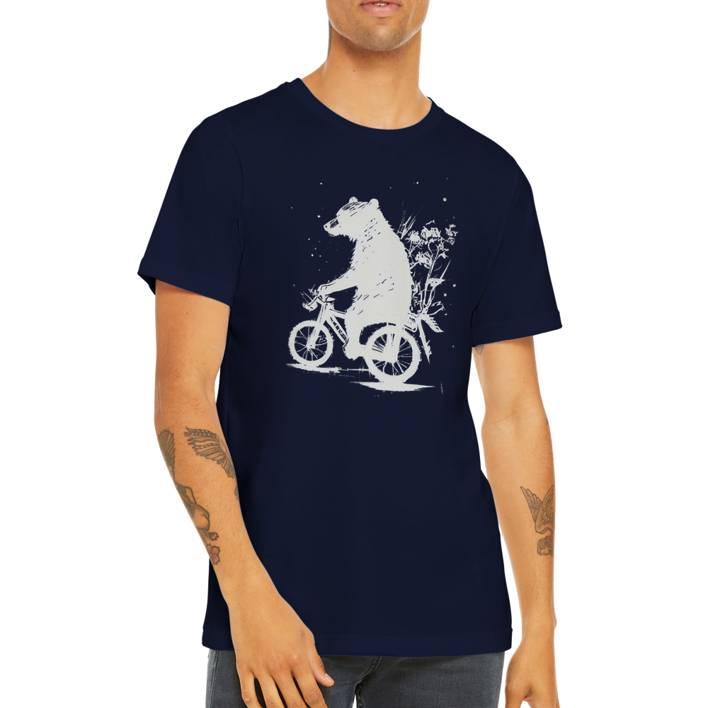 A guy wearing a navy t-shirt with a bear riding a bike print