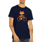 Guy wearing a navy blue t-shirt with a print of a cute fox riding a bike