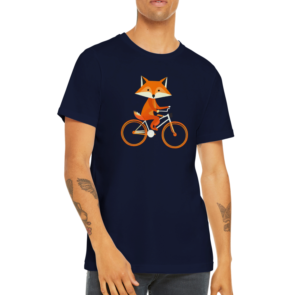 Guy wearing a navy blue t-shirt with a print of a cute fox riding a bike