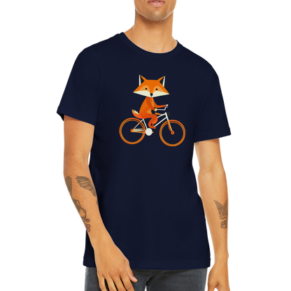 Guy wearing a navy blue t-shirt with a print of a cute fox riding a bike