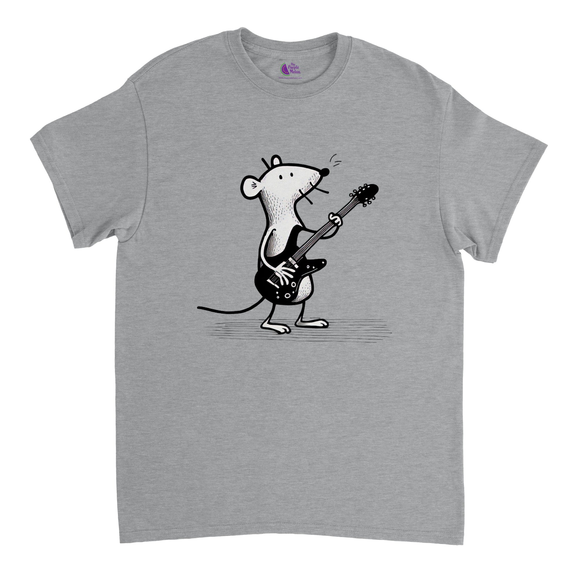 Light grey t-shirt with a mouse playing guitar print