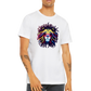 A guy wearing a white t-shirt with a colourful lion with dreadlocks print