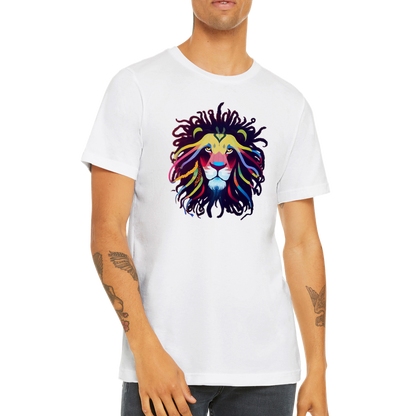 A guy wearing a white t-shirt with a colourful lion with dreadlocks print
