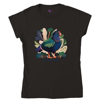 Black t-shirt with a new zealand takahe print