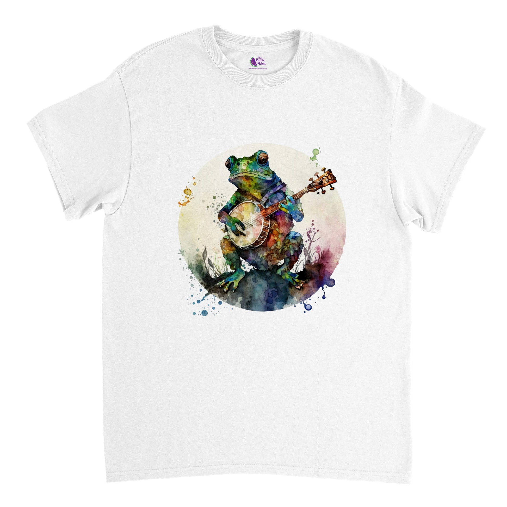 white t-shirt with a frog playing a banjo print