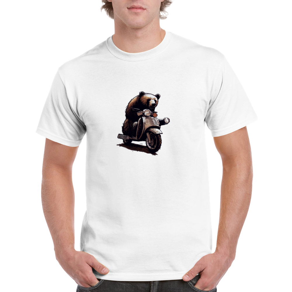 man wearing a white t-shirt with a bear riding a motor scooter