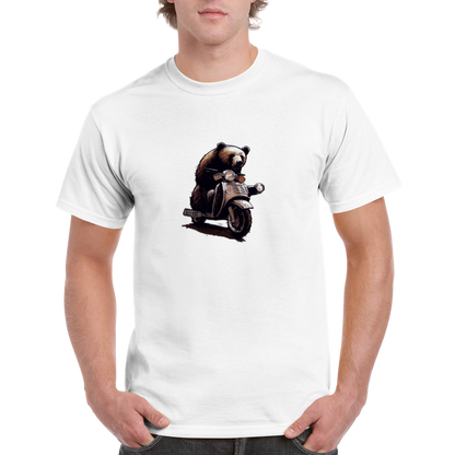 man wearing a white t-shirt with a bear riding a motor scooter