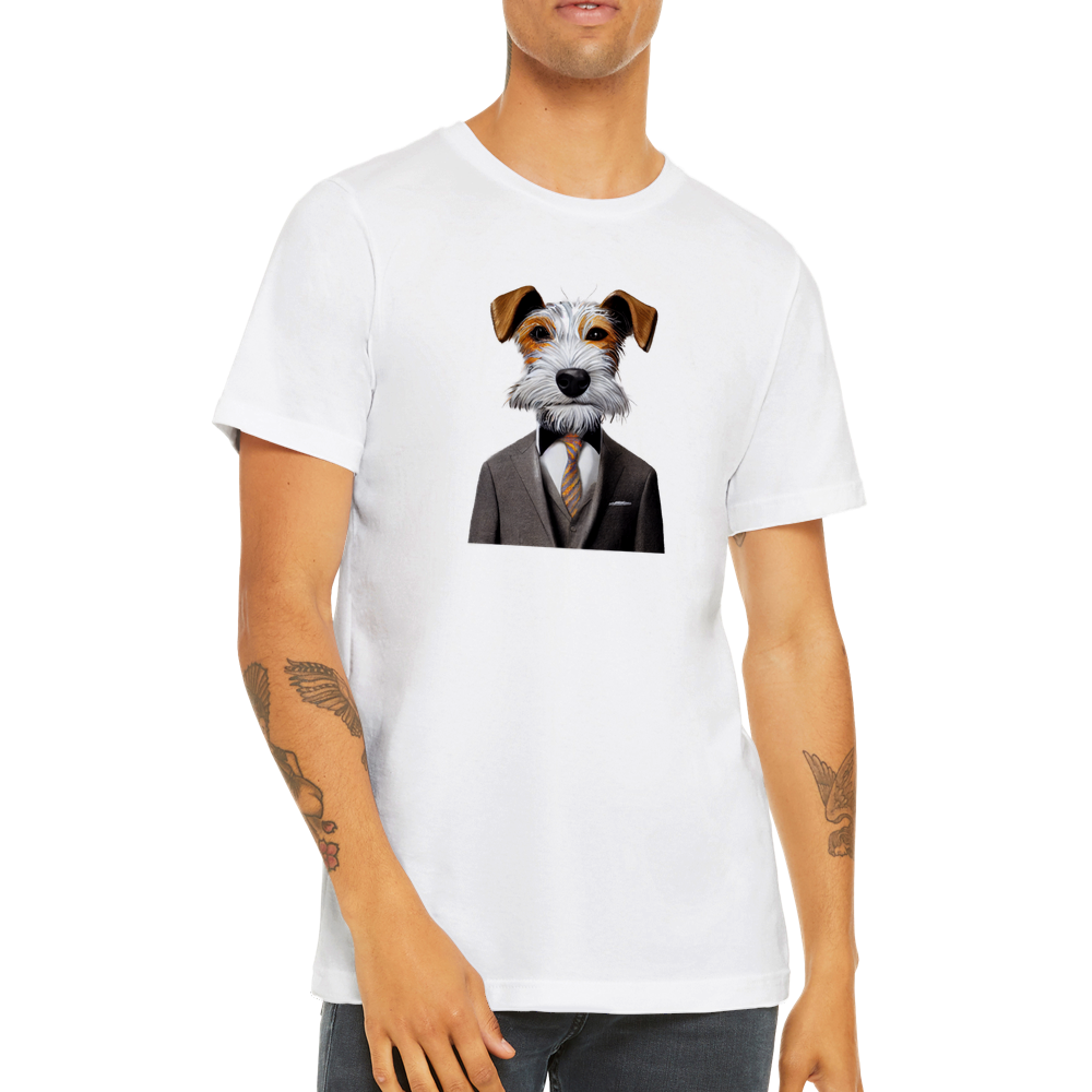 Man wearing a white t-shirt with a fox terrier in a suit print