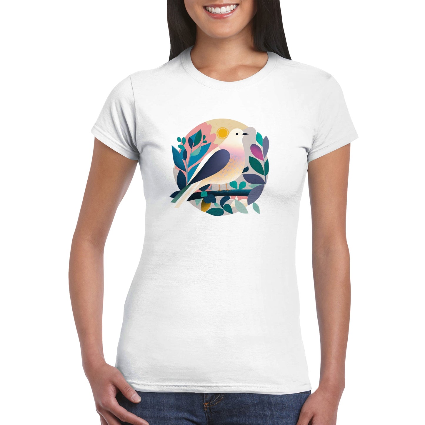 Woman wearing a white t-shirt with colourful dove print on the front
