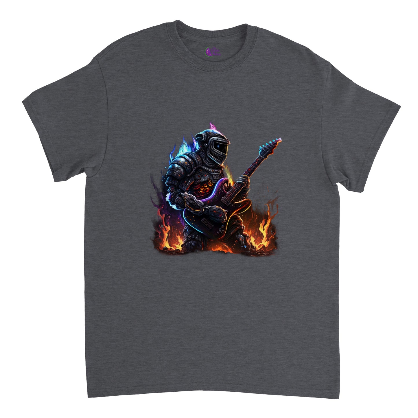 Grey t-shirt with Space Robot on fire playing the guitar