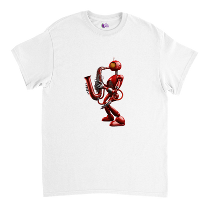 White t-shirt with a red robot playing a saxophone