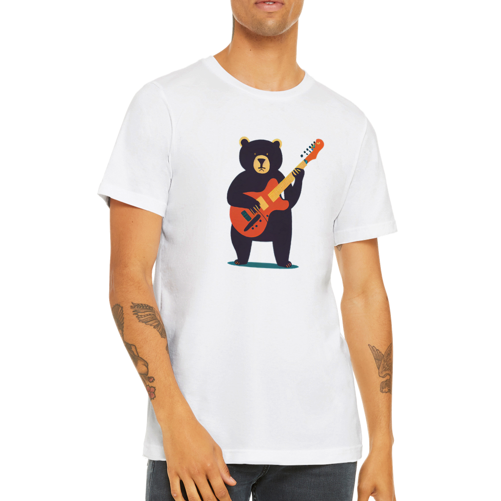man waering a white t-shirt with a bear playing a guitar print